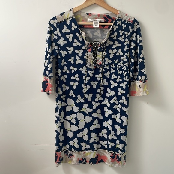 Diane Von Furstenberg DVF Trella Dress Silk Floral Laced Shortsleeves Blue 2 - Picture 9 of 10